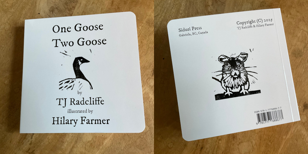 Pictures of front and back of 'One Goose, Two Goose', a board book by TJ Radcliffe, illustrated by Hilary Farmer